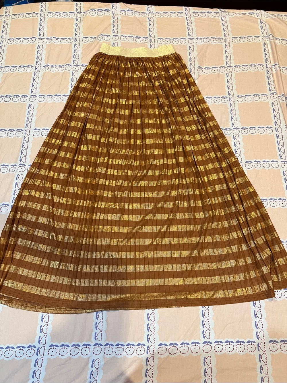 Ryu Brown and Gold Striped Pleated Maxi Skirt
